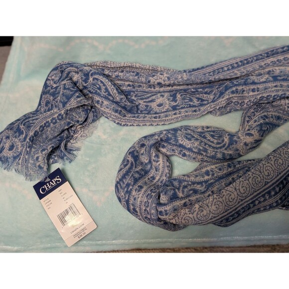 NWT CHAPS Scarf Blue White Paisley Shawl Wrap Stole 100% Polyester $38 Retail - Picture 1 of 6